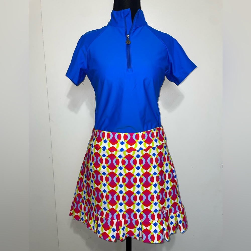 Tzu Tzu Blue Top with Colorful A-Line Skirt